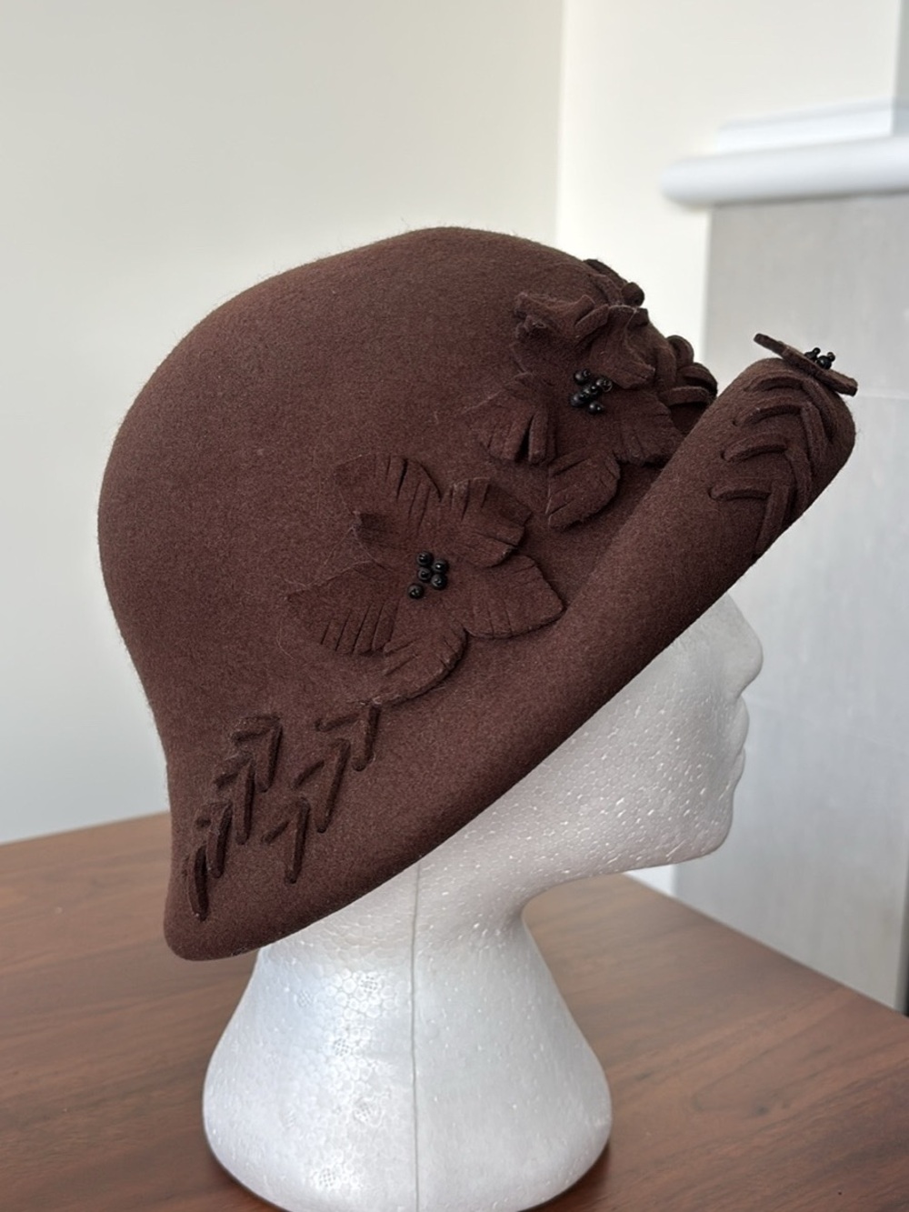 Heaslip Chocolate Brown Wool Cloche with Floral Appliqué